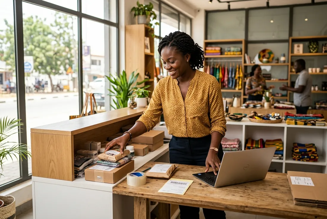 Ghanaian business owner accepting customer payments with KeyBS Pay in Accra and Tema