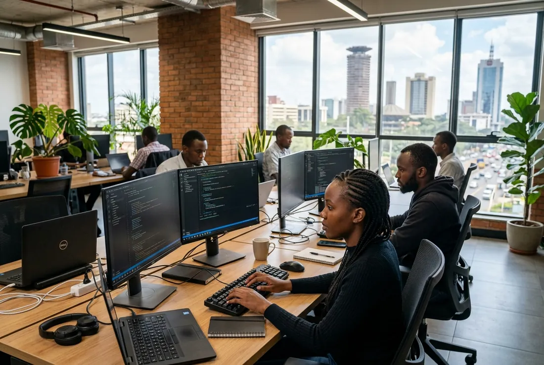 Modern Kenyan business team working in Nairobi and Mombasa