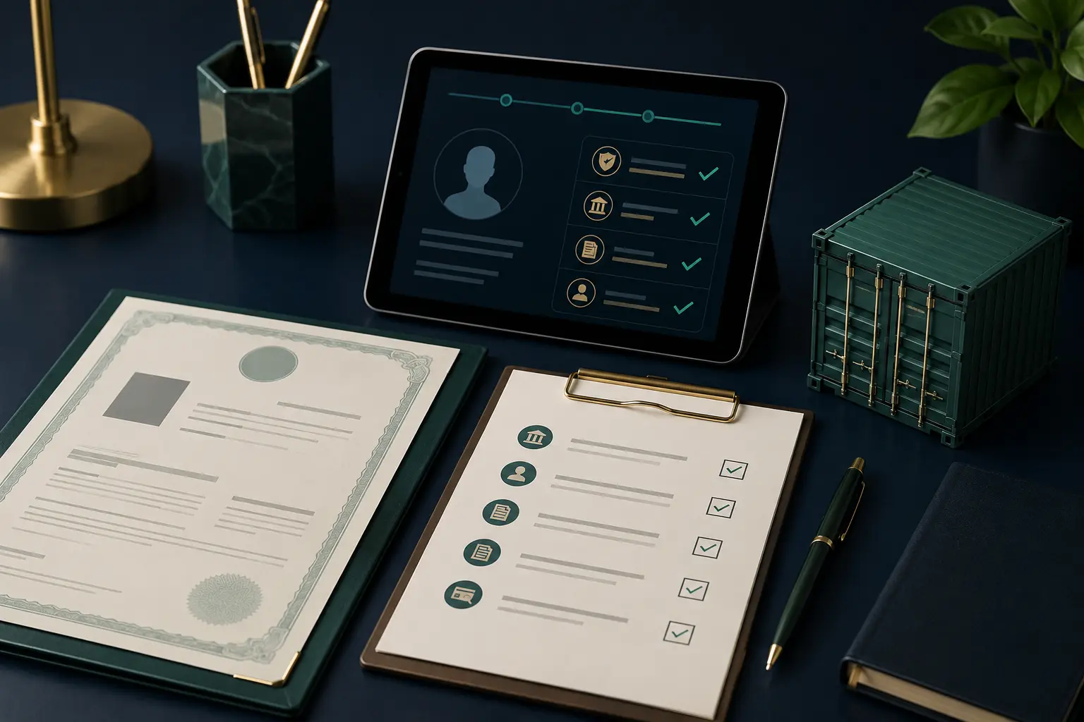 A supplier dossier, beneficiary checklist and verification screen beside a shipping container model