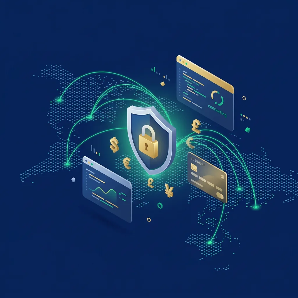 Illustration of secure global business payments, world map connections and API integrations